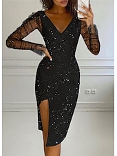 ieftine rochie midi neagra-Pentru femei Paiete Rochie neagra Rochii Midi Simplu În V Manșon Lung Petrecere Negru