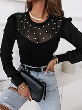 preiswerte Elegante Oberteile-Damen Hemd Bluse Feste Farbe Basic Brautkleider schlicht Langarm Rundhalsausschnitt Normale Oberteile Täglich Gitter Patchwork Perlenbesetzt Schwarz Herbst Winter