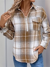 preiswerte Damen Grafik Tops-Damen Hemd Bluse Plaid Basic Brautkleider schlicht Langarm Hemdkragen Normale Oberteile Täglich Zip Bedruckt Khaki Herbst Winter