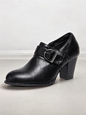 cheap Block Heels-Women&#039;s Faux Leather Buckle Strap Heeled Shoes – Stylish Block Heels for Casual and Office Wear