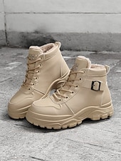 abordables Botines-Botines de mujer beige con cordones y forro de felpa cálido: calzado de invierno para exteriores con suela resistente y detalle de hebilla