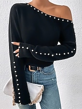 cheap Women&#039;s Dressy Tops-Women&#039;s Shirt Blouse Solid Color Basic Casual Long Sleeve Cold Shoulder Regular Tops Daily Beaded Black Fall Winter