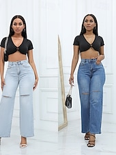 お買い得  ストレートレッグパンツ-女性用 標準 ジーンズ ストリートファッション スタイリッシュ 全長 ハイウエスト 純色 ポケット 快適 通気性 ソフト マイクロエラスティック ストリート 日常 ライトブルー ダークブルー 春 &amp; 秋 ルーズフィット