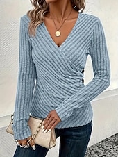 preiswerte Einfache Blusen-Damen Hemd Bluse Patchwork Knöpfe Einfarbig Basic Lässig Langarm V Ausschnitt Normale Oberteile Täglich Blau Rosa Herbst Winter