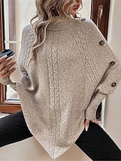 billiga Solida färger-Dam Tröja Pullover tröja Ledigt Mjukt Ren färg Ribbad Polokrage Knappar Stickat Fladdermusärm Långärmad Vanliga toppar Sticka Utomhus Dagligen Helgen Kaki Höst Vinter