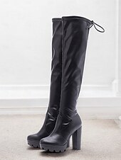 baratos Botas com salto-botas plataforma femininas acima do joelho com salto alto grosso e fecho de cordão, estilo sexy na altura da coxa para baladas e festas