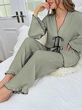 abordables Pijamas para mujeres-Conjunto de pijama para mujer, color puro, informal, cómodo, para el hogar, uso diario, cálido, cuello en V, camisa de manga larga, pantalón, cintura elástica, conjuntos para el hogar para otoño e