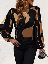 voordelige Vrouwen Werk Tops-Dames Overhemd Blouse Geometrisch Casual Lange mouw Gekerfde nek Normale tops Dagelijks Afdrukken Zwart Wijn Herfst Winter