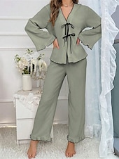 abordables Pijamas para mujeres-Conjunto de pijama para mujer, color puro, informal, cómodo, para el hogar, uso diario, cálido, cuello en V, camisa de manga larga, pantalón, cintura elástica, conjuntos para el hogar para otoño e