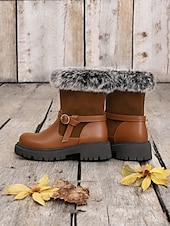 baratos Botas de neve e inverno-botas de inverno femininas com acabamento em pele sintética – botas de cano curto estilosas e quentes com detalhe de fivela e sola resistente, perfeitas para aventuras ao ar livre em climas frios