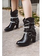 preiswerte Slouch-Stiefel-braune, lässige Stiefel mit halbhoher Sohle und Nietenriemen sowie Strassverzierungen für Damen – High Heel im Westernstil für Partys und die Freizeit
