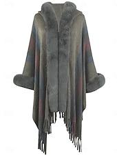 cheap Coats &amp; Trench Coats-Women&#039;s Cloak / Capes Outdoor Street Daily Wear Fall Winter Regular Coat Regular Fit Thermal Warm Breathable Stylish Casual Jacket Long Sleeve Stripe Faux Fur Trim Khaki Apricot Gray