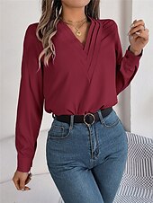 preiswerte Elegante Oberteile-Damen Hemd Bluse Feste Farbe Basic Brautkleider schlicht Langarm V Ausschnitt Normale Oberteile Täglich Weiß Rosa Wein Herbst Winter