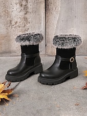 baratos Botas de neve e inverno-botas de inverno femininas com acabamento em pele sintética – botas de cano curto estilosas e quentes com detalhe de fivela e sola resistente, perfeitas para aventuras ao ar livre em climas frios