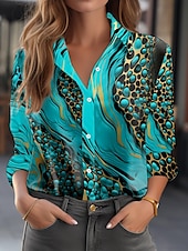 economico Top d&#039;Arte e Design per Donne-Camicia da donna a maniche lunghe con bottoni Blusa quotidiana Collo a giro Green Primavera Autunno Inverno