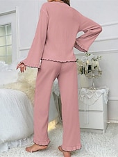abordables Pijamas para mujeres-Conjunto de pijama para mujer, color puro, informal, cómodo, para el hogar, uso diario, cálido, cuello en V, camisa de manga larga, pantalón, cintura elástica, conjuntos para el hogar para otoño e
