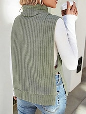 cheap Solid Colors-Women&#039;s Sweater Vest Casual Soft Solid Color Ribbed Turtleneck Split Knitted Sleeveless Regular Tops Knit Outdoor Daily Weekend Light Green Khaki Fall Winter