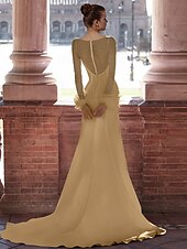 preiswerte GELB-Abendkleid in A-Linie, elegantes Kleid, formelle Schleppe, lange Ärmel, Rundhalsausschnitt, Satin mit Federperlen 2025