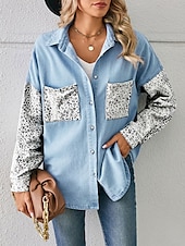 economico Giacche per camicie-Per donna Giacca di jeans Esterno Strada Da tutti i giorni Autunno Inverno Standard Cappotto Standard Traspirante Moda Informale Giacca Manica lunga Leopardo Con tasche Stampa Nero Bianco Blu
