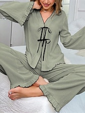 abordables Pijamas para mujeres-Conjunto de pijama para mujer, color puro, informal, cómodo, para el hogar, uso diario, cálido, cuello en V, camisa de manga larga, pantalón, cintura elástica, conjuntos para el hogar para otoño e
