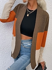 billige Åpen front cardigan-Dame Genser Kofte Fritid Myk Fargeblokk Riflet Åpen Forside Lomme Strikket Langermet Vanlige topper Strikke utendørs Daglig Helg Blå Kakifarget Høst Vinter