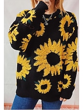 cheap Graphic shop Sweatshirts &amp; Hoodies-Women&#039;s Sweater Pullover Sweater Jumper Casual Soft Floral Ribbed Crew Neck Knitted Long Sleeve Regular Tops Knit Outdoor Daily Weekend Black Blue Fall Winter