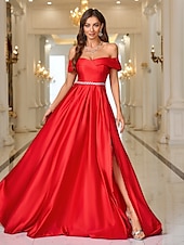 economico ROSSO-Abito da sera A-Line elegante abito formale strascico  spazzola copertura maniche lunghe off-shoulder tasca satin con strass
