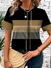 abordables T-shirt rayé et géométrique-t-shirt femme décontracté imprimé rayé manches courtes hauts réguliers col rond quotidien vert été
