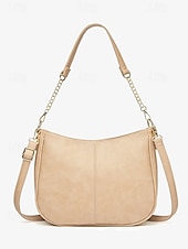 baratos Malas com Alça-bolsa de ombro feminina marrom de couro sintético com alça de corrente dourada – bolsa tiracolo casual estilosa para o dia a dia e para o trabalho