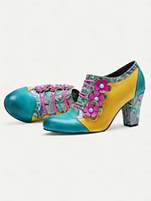 olcso Block Heels-női színes virágos, fűzős blokksarkú cipő - vintage stílusú bőr bokacsizma dekoratív virág díszítéssel