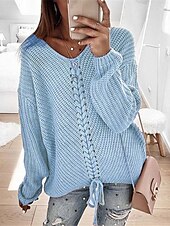 billiga Solida färger-Dam Tröja Pullover tröja Ledigt Mjukt Ren färg Ribbad V-hals Stickat Långärmad Vanliga toppar Sticka Utomhus Dagligen Helgen Rodnande Rosa Blå Höst Vinter