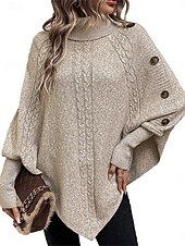 billiga Solida färger-Dam Tröja Pullover tröja Ledigt Mjukt Ren färg Ribbad Polokrage Knappar Stickat Fladdermusärm Långärmad Vanliga toppar Sticka Utomhus Dagligen Helgen Kaki Höst Vinter