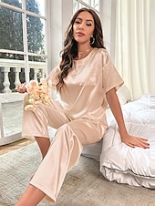 billiga Pajamasättare-pyjamas för kvinnor 2 stycken ren färg mode hem andas crew neck kortärmad t-shirt byxor sommar hem outfits