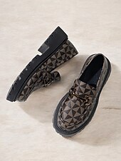 abordables Zapatillas sin cordones y mocasines de mujer-Mocasines gruesos con diseño geométrico para mujer con hebilla de metal: zapatos modernos sin cordones con suela dentada para un estilo informal y urbano