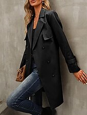 billiga Trenchcoats-Dam Kappa Utomhus Gata Dagliga kläder Höst Vinter Normal Täcka Normal Håller värmen Andningsfunktion Stylish Ledigt Jacka Långärmad Slät Med fickor Svart Armégrön Rubinrött