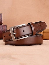 baratos Cintos Masculinos-cinto de couro marrom masculino – design de fivela clássico com padrão em relevo, perfeito para uso casual e formal