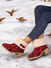 cheap Snow &amp; Winter Boots-Women&#039;s Red Leopard Print Winter Boots with Faux Fur Lining and Chunky Heel – Warm and Stylish Snow Boots
