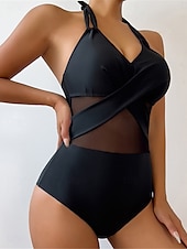 economico Costumi interi-Per donna Costumi da bagno Un pezzo Monokini Costume da bagno Retato Schiena scoperta Fasciante in vita Vita alta Taglia piccola Festività Abbigliamento mare Tinta unica Halter Neck Senza maniche