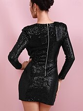 abordables Robes à paillettes-mini robe pailletée pour femme à manches longues col en V drapée argentée glamour cocktail soirée tenue automne hiver