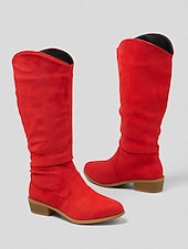 levne Cowboy &amp; Western Boots-dámské červené semišové boty ke kolenům - stylové westernové boty na nízkém podpatku pro zimní a sváteční nošení