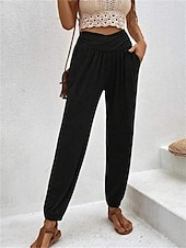 billiga Byxor-Dam Kinesiska Mode Streetwear Fullängd Hög midja Slät Ficka Bekväm Mjuk Microelastisk Utomhus Gata Svart Blå Kaki Armégrön Vår &amp; Höst Normal