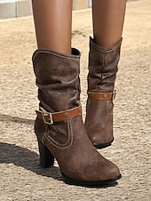 olcso Cowboy és nyugati csizma-női western cowboy félvádrájú csizma – barna műbőr laza csizma csattal, vastag sarkú country koncertekre, őszi szettekhez és hétköznapi szabadtéri viseletre