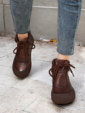 levne Kotníkové boty-dámské hnědé šněrovací kotníkové boty z umělé kůže s detaily vintage stehu, pohodlná podrážka pro běžné outdoorové nošení