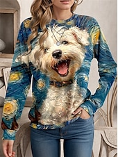 abordables Sudadera-Sudadera de mujer con estampado de perro para uso diario, informal, cuello redondo, manga larga, microelástica, otoño e invierno, cómoda, transpirable, tejido suave