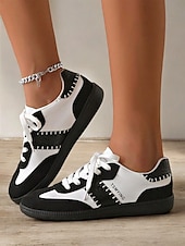 billiga Damsneakers-kvinnors retro svarta och vita sneakers med snörning - avslappnad lågtoppsdesign med mocka och tygdetaljer, bekväm sula för dagligt bruk och sportaktiviteter