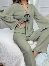 abordables Pijamas para mujeres-Conjunto de pijama para mujer, color puro, informal, cómodo, para el hogar, uso diario, cálido, cuello en V, camisa de manga larga, pantalón, cintura elástica, conjuntos para el hogar para otoño e