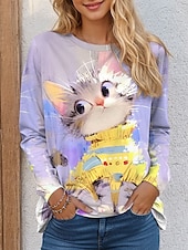 billiga Djur tee-Dam T-shirt Katt Ledigt Långärmad Rund hals Vanliga toppar Dagligen Mönster Purpur Vår Höst