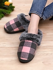 ieftine Flip-Flops de Damă-papuci de damă în carouri căptușiți cu lână - pantofi de casă roșii și negri, în carouri de bivol, cu guler de blană artificială pentru confortul iernii