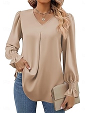 preiswerte Damen Arbeitsoberteile-Damen Hemd Glatt Modisch Modern Brautkleider schlicht Langarm V Ausschnitt Normale Oberteile Täglich Wochenende Rüsche Rote Grün Khaki Herbst Winter