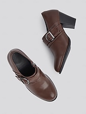 cheap Block Heels-Women&#039;s Faux Leather Buckle Strap Heeled Shoes – Stylish Block Heels for Casual and Office Wear